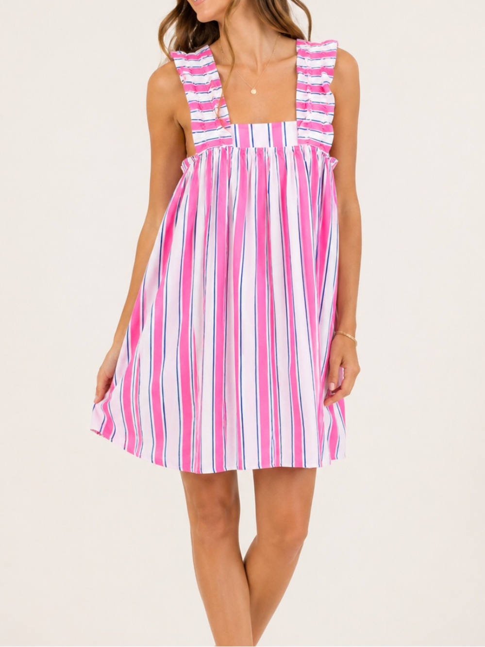 Mariuccia Milano Hot Pink & White Striped Ruffle Strap Summer Dress